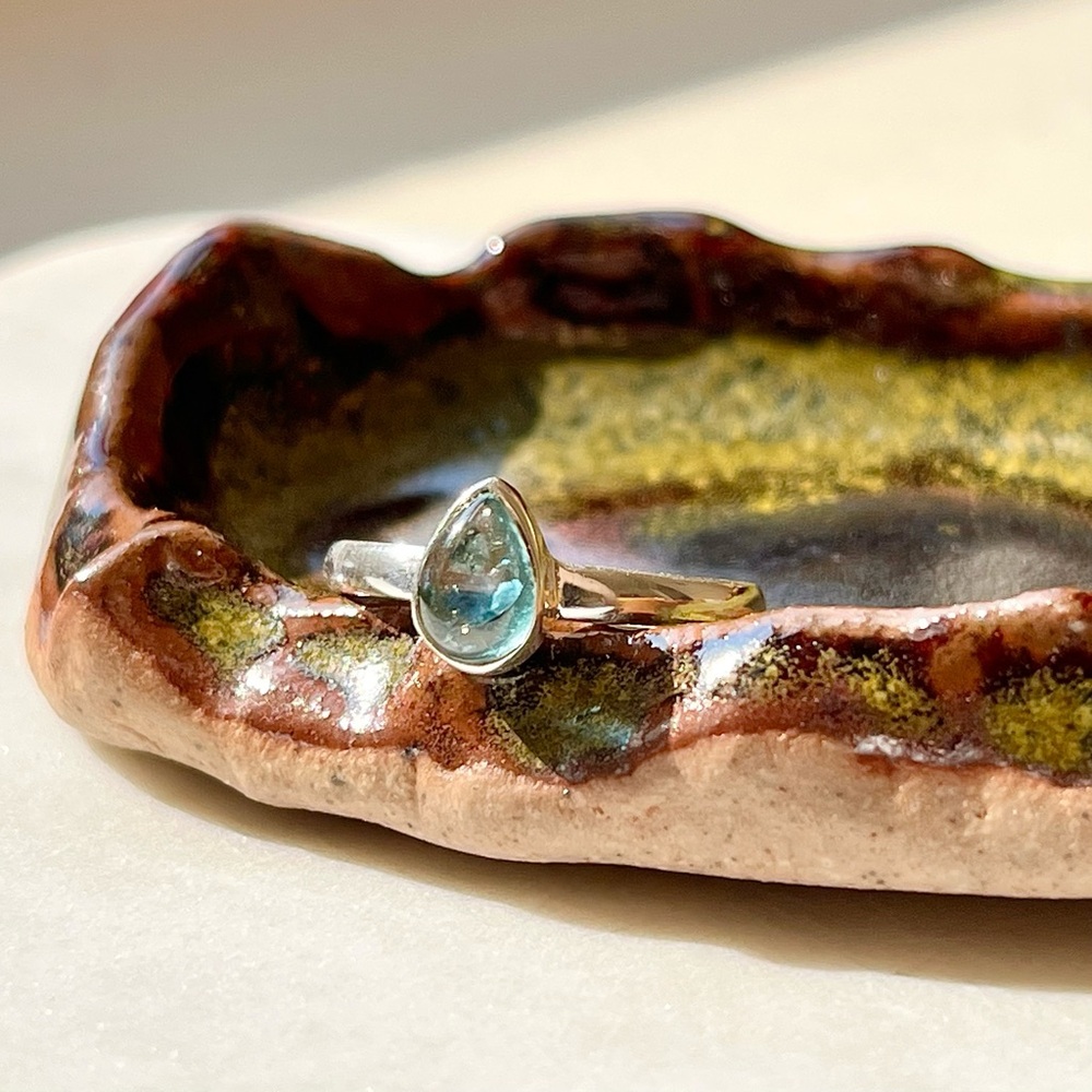 RARE Sterling Silver Aqua Blue Tourmaline Smooth Teardrop Ring